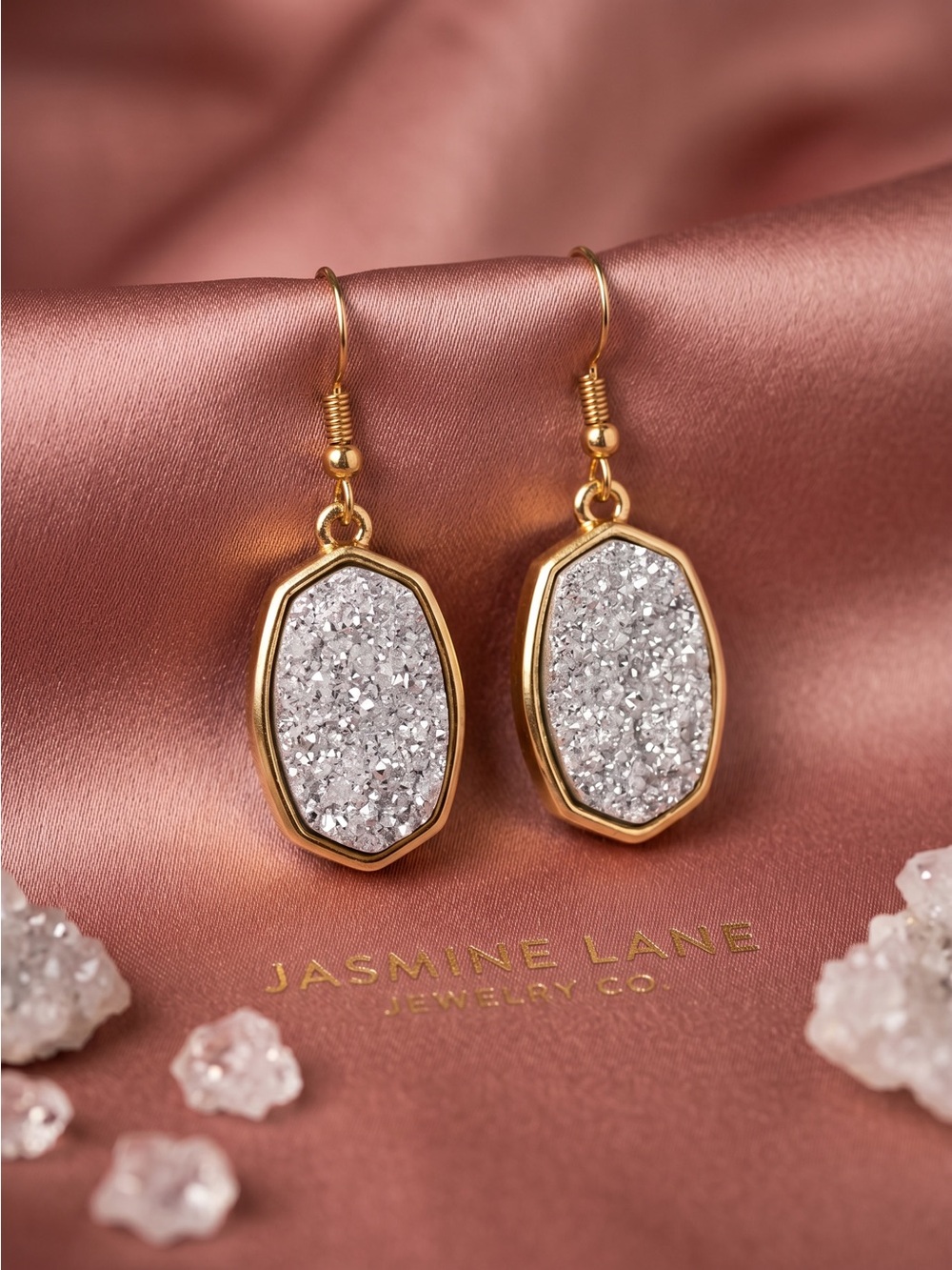 Jasmine Lane Silver Druzy Gold Tone Drop Earrings Hypoallergenic New